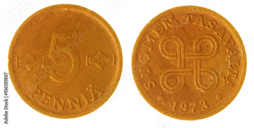 5 pennia 1973 coin isolated on white background, Finland