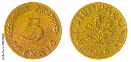 Tableau sur toile 5 pfennig 1949 coin isolated on white background, West Germany
