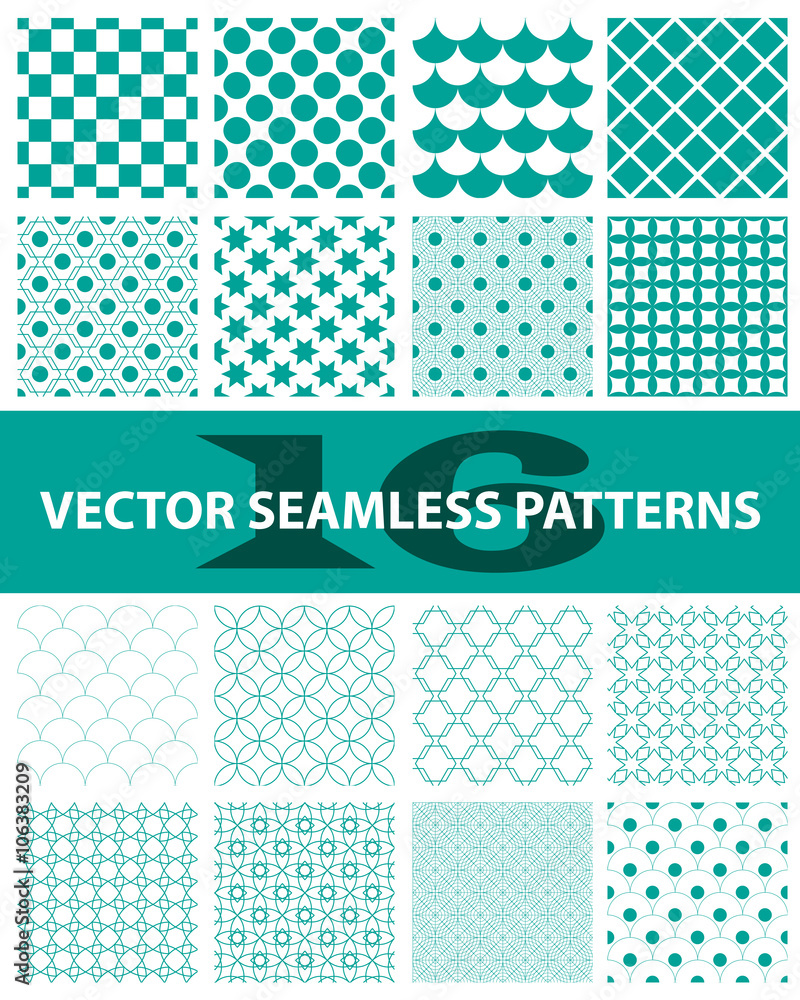 Pack of 16 turquoise vector seamless patterns: abstract, vintage, technology and geometric. Vector illustration