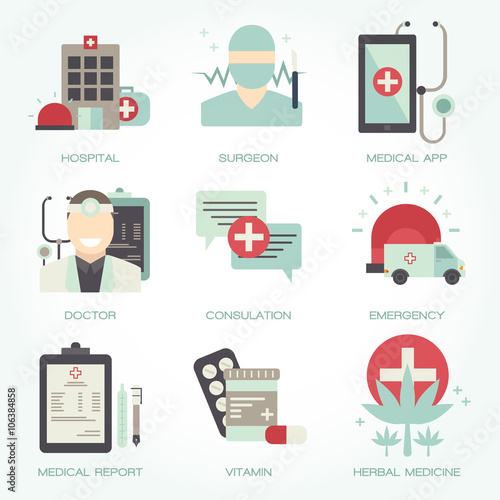 Hospital and medical flat icon set