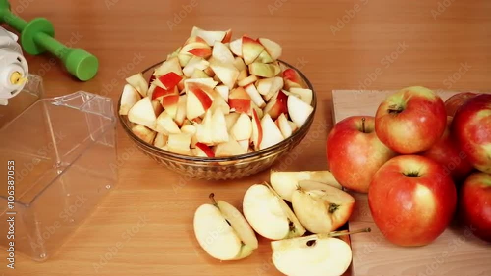 Nobody. Apple fruits and juicer machine in kitchen 4K Nobody. Apple fruits and juicer machine in kitchen 4K