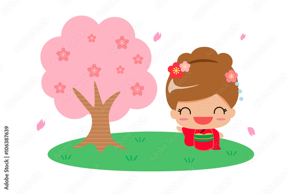 japanese traditional kimono girl and cherry blossoms tree.vector art japanese traditional kimono girl and cherry blossoms tree.vector art