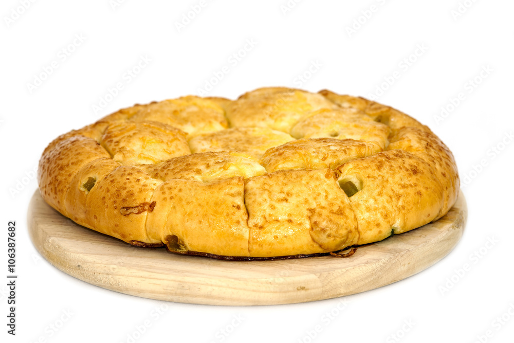 Composition with bread and rolls in wicker basket isolated on wh Composition with bread and rolls in wicker basket isolated on wh
