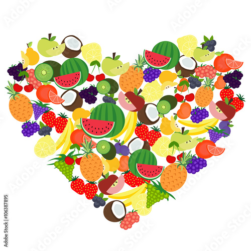 Vector illustrated cartoon set of fruit forming heart shape.