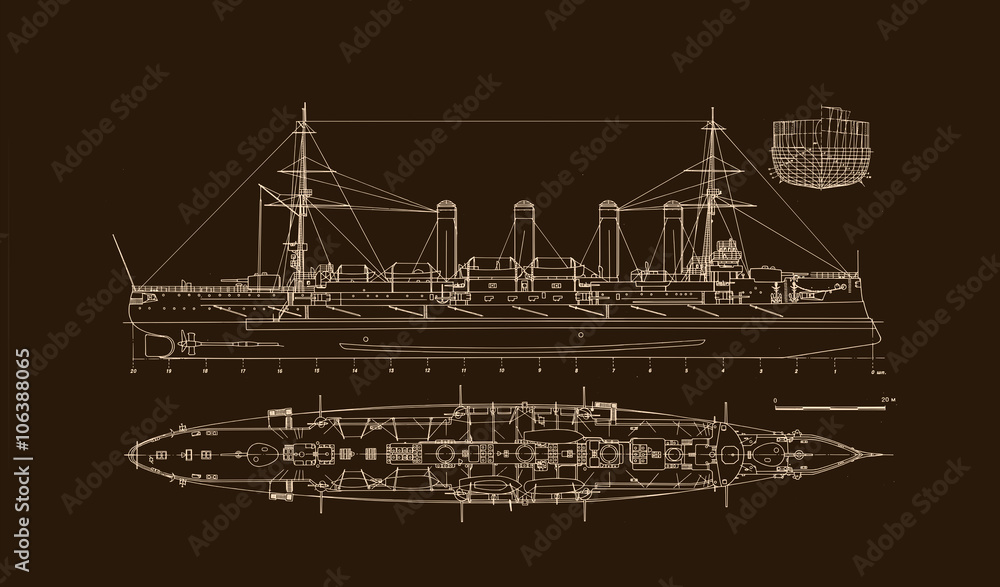 Built in 1903 old armored cruiser on a brownboard background. A great wall poster for a steam-punk-styled home office or an office of an engineering firm