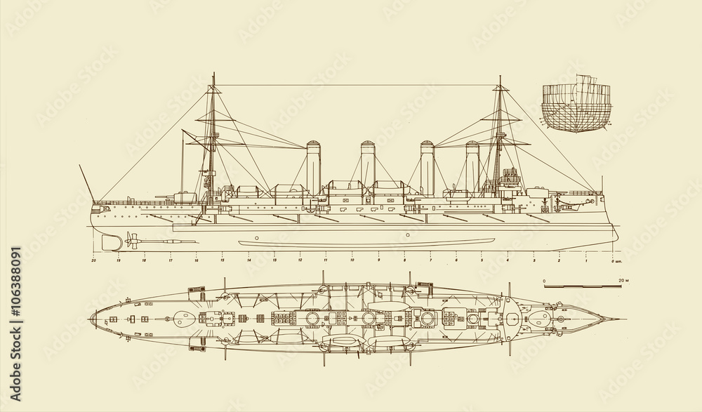 Built in 1903 old armored cruiser on a copymachine background. A great wall poster for a steam-punk-styled home office or an office of an engineering firm