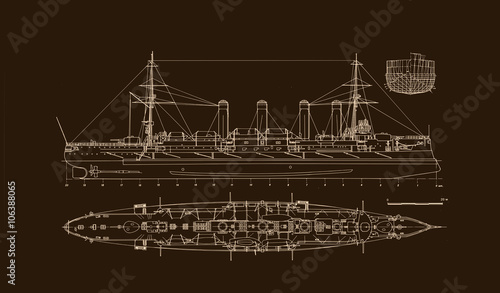 Fotografi Built in 1903 old armored cruiser on a brownboard background