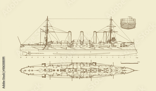 Built in 1903 old armored cruiser on a copymachine background. A great wall poster for a steam-punk-styled home office or an office of an engineering firm photo