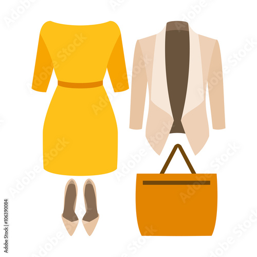 Set of trendy women's clothes with woman jacket, dress and accessories. Vector illustration