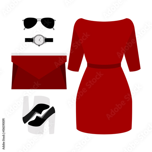 Set of trendy women's clothes with woman dress and accessories. Vector illustration