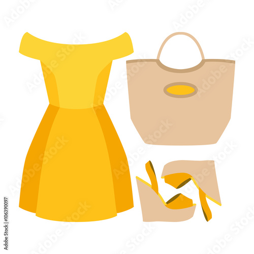 Set of trendy women's clothes with woman dress and accessories. Vector illustration