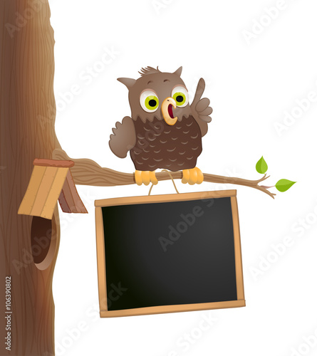 Cute cartoon owl on a twig with blackboard. Education theme back
