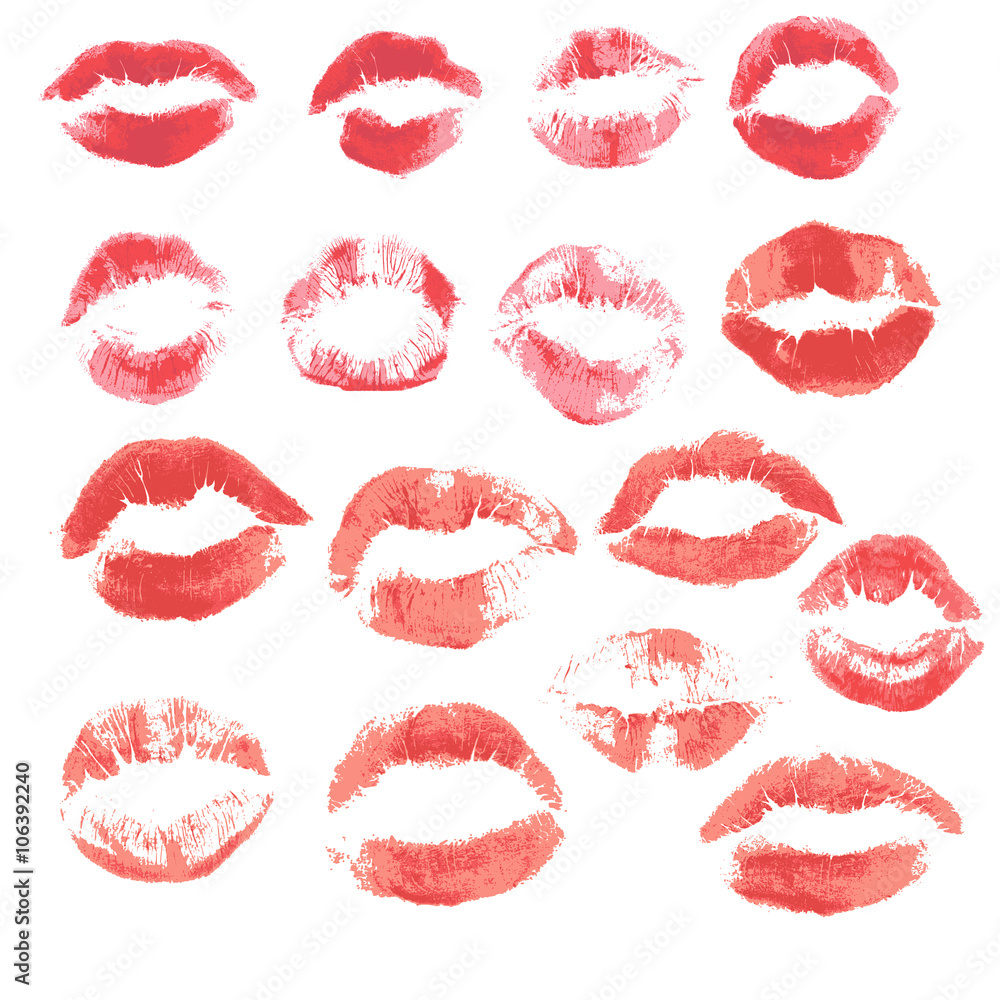 Set of beautiful red lips print on isolated white background Set of beautiful red lips print on isolated white background
