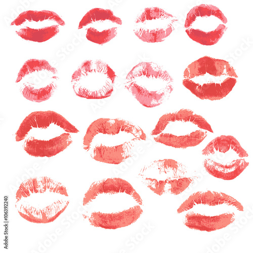 Set of beautiful red lips print on isolated white background