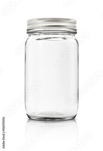 Clear glass bottle with silver cap isolated on white background
