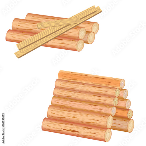 Isolated logs and planks of wood on a white background