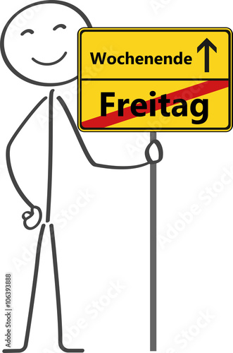 Strichmännchen hält Schild Richtung Wochenende
