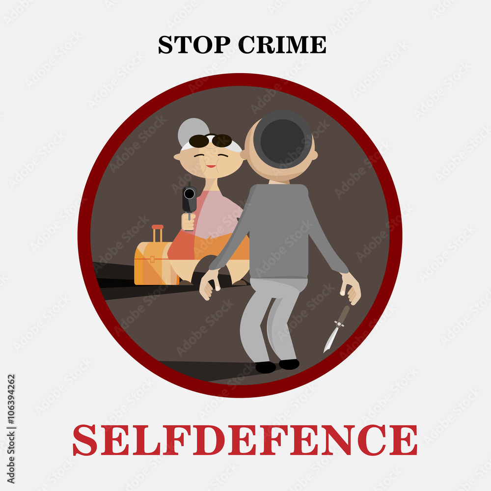 Old woman with a gun and a thief. Selfdefence concept vector ima Old woman with a gun and a thief. Selfdefence concept vector ima