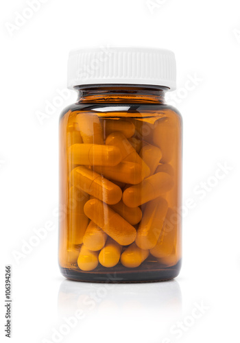 brown glass bottle for supplement product isolated on white back