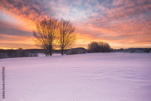 Amazing cloured sunrise in a snowed landcape © aruizhu