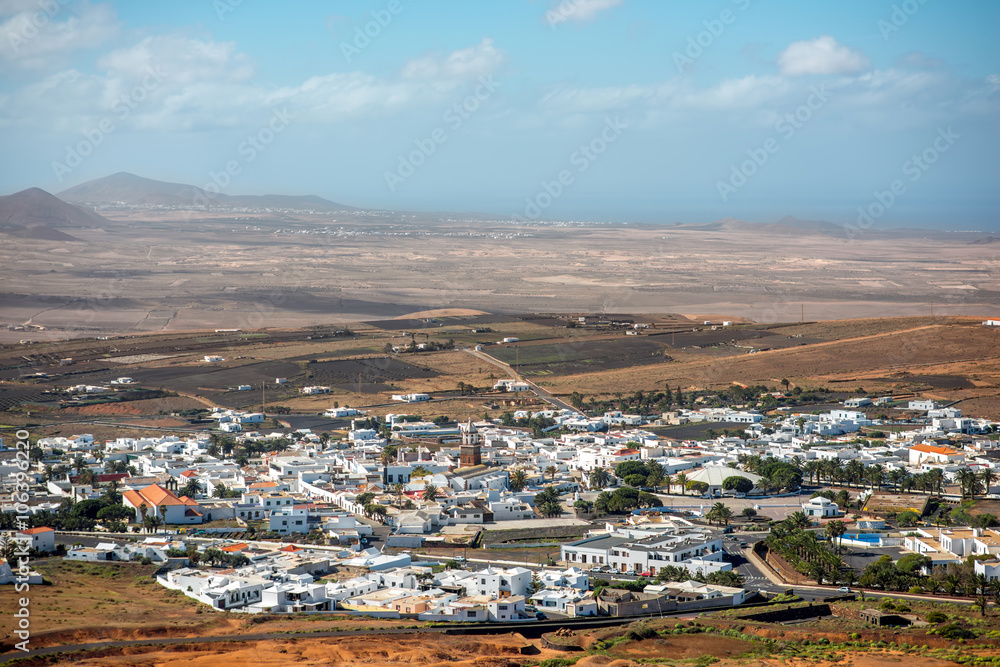 Top view on Teguise city from Castle hill on Lanzarote island in Spain