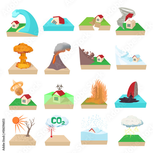 Natural disaster icons set, cartoon style