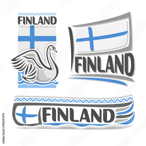 Vector illustration of the logo for Finland, consisting of 3 isolated illustrations: flag, above the white swan on the water, symbol of Finland and the flag on background of the ski on the snow