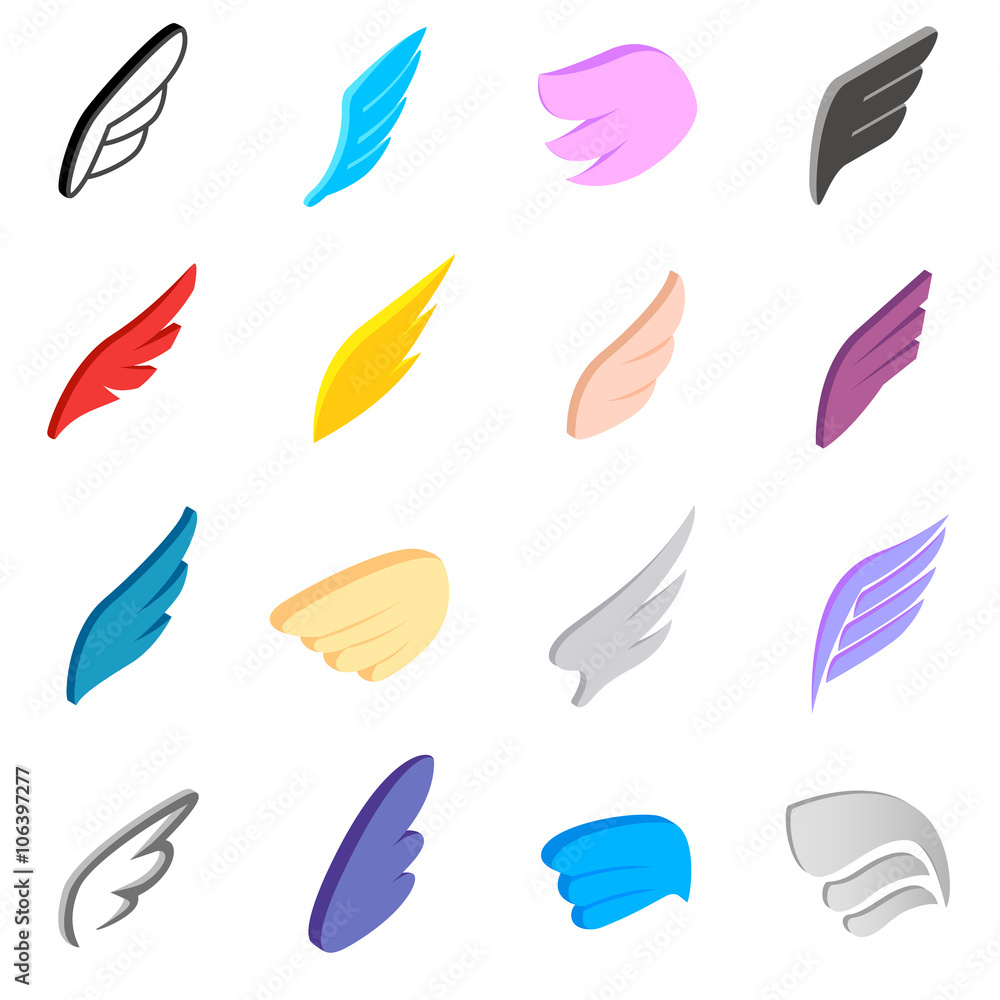 Wings icons set, isometric 3d style Wings icons set, isometric 3d style