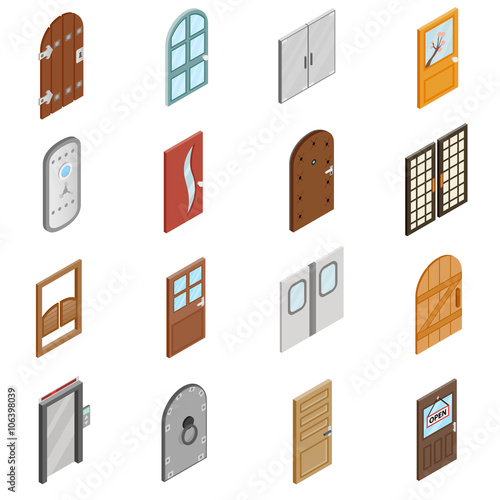 Doors icons set, isometric 3d style