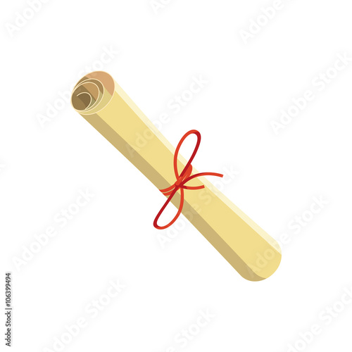 Rolled paper with red tape icon, cartoon style 