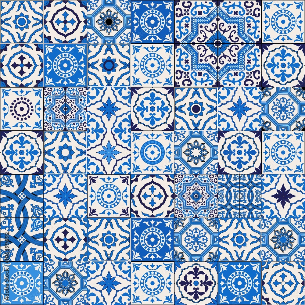 Mega Gorgeous seamless patchwork pattern from dark blue and white Moroccan, Portuguese  tiles, Azulejo, Arabic ornament. Islamic art. 