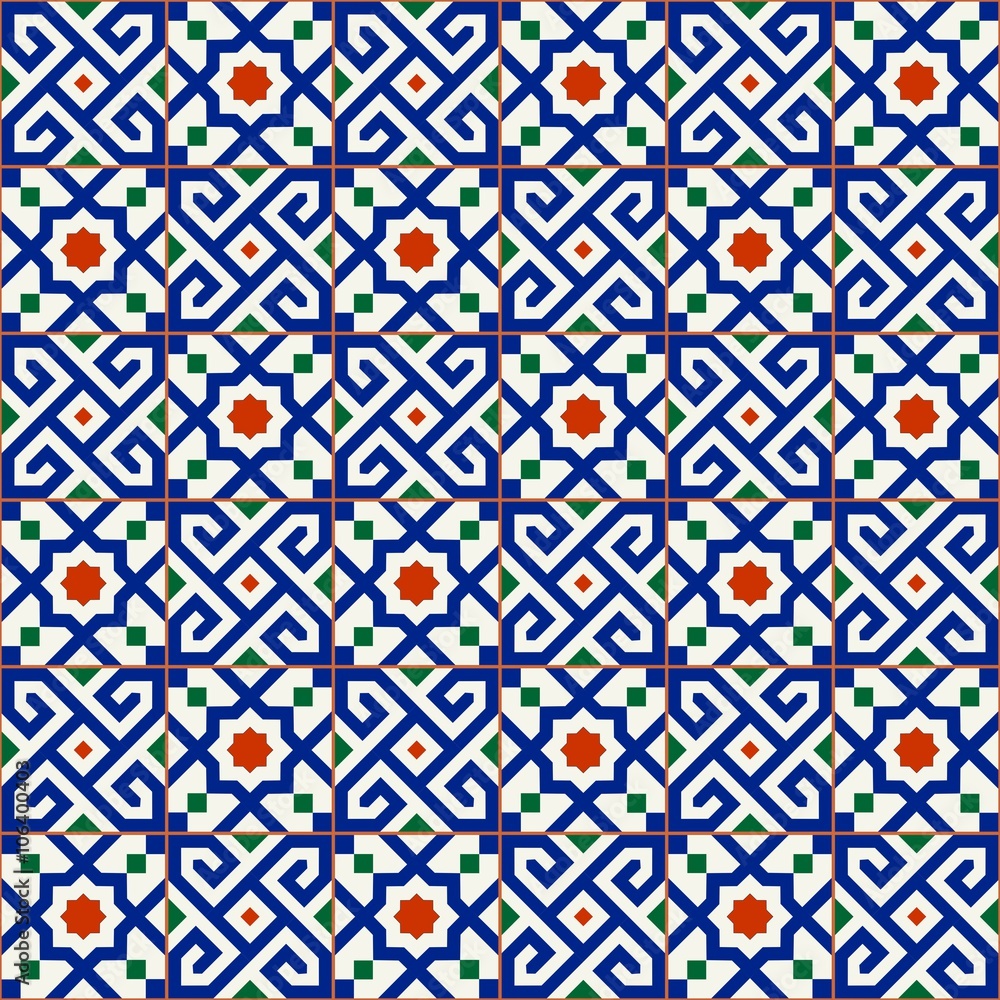 Geometric seamless pattern white Turkish, Moroccan, Portuguese tiles