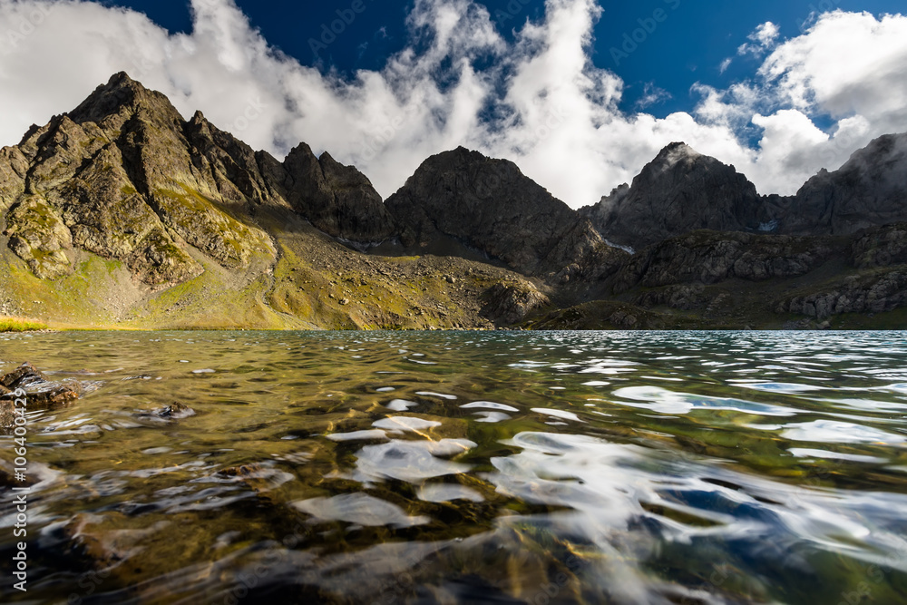 Picturesque lake in valley of Caucasus mountains in Georgia
