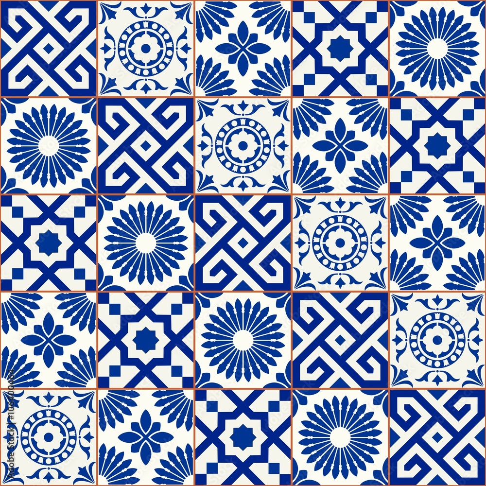 Stylish seamless pattern patchwork mix of five Moroccan tiles in trendy shades of blue.