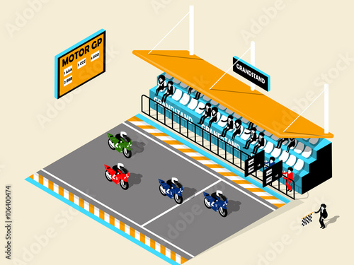 beautiful design isometric of motor-sport motorcycle on racing track, grandstand,motor-bike; motor-bike isometric design