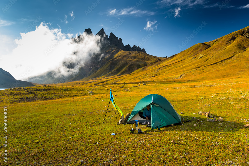 Camping in picturesque valley in Caucasus mountains in Georgia