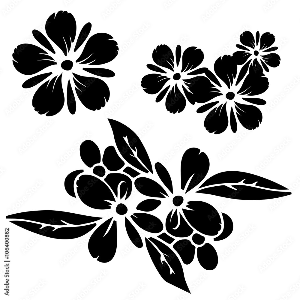 Obraz premium Set black silhouettes flowers, leaves isolated