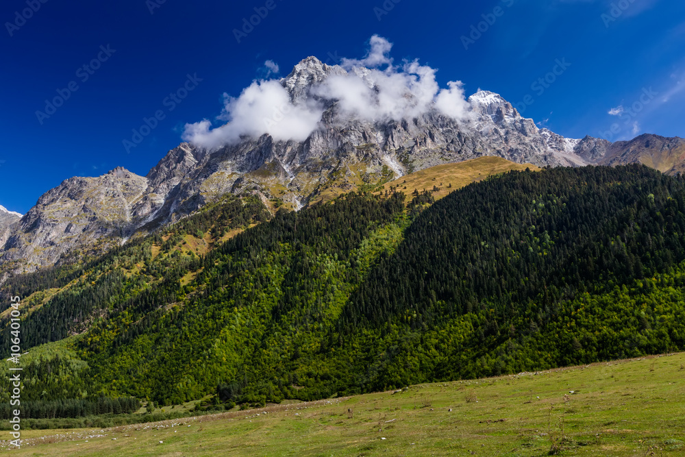 View at Ushba mountain in Upper Svaneti, Caucasus, Georgia