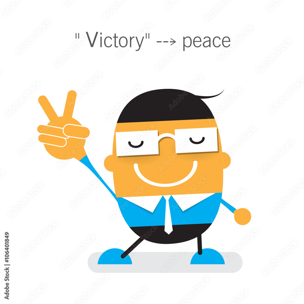 Vector cute cartoon young Businessman showing two fingers up, hand gesture, V sign in meaning victory or peace. Flat design Vector cute cartoon young Businessman showing two fingers up, hand gesture, V sign in meaning victory or peace. Flat design