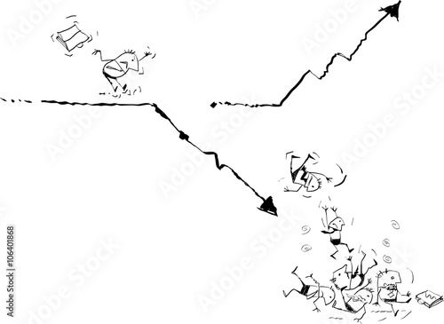 Vector illustration draw doodle cartoon. Failed Businessman running on business line graph and falling down with statistics arrow business. Risk in finance investment mistakes concept.