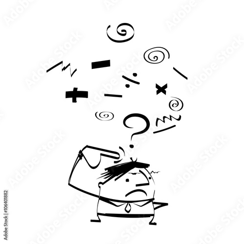 Vector Cute cartoon doodle. Businessman is under stress and thinking with question over white background