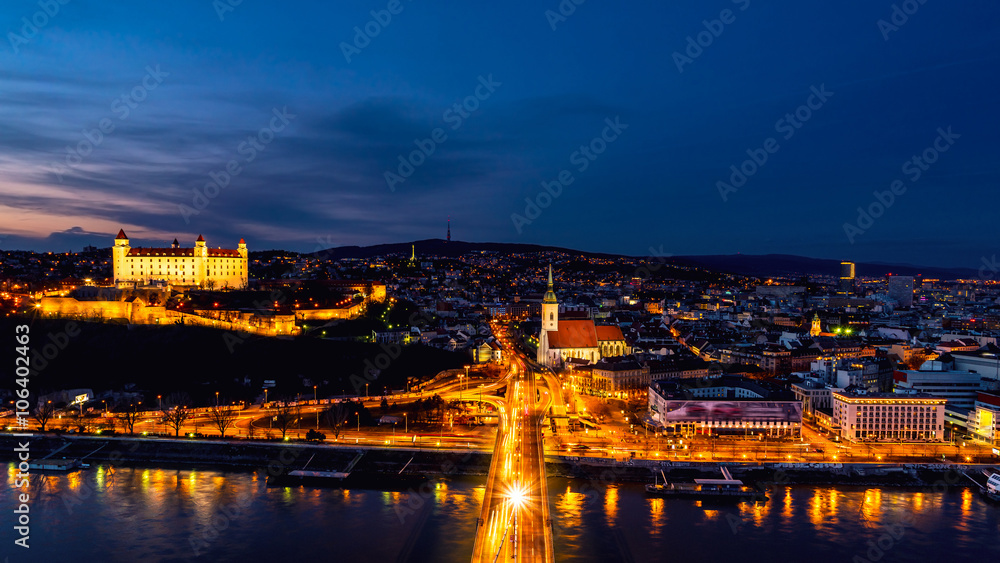 Aerial view of Bratislava, Slovakia at night