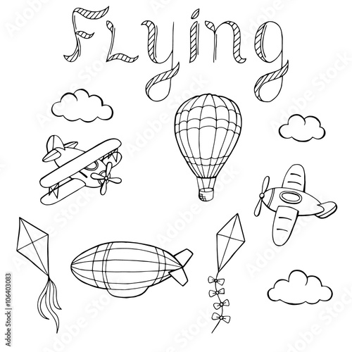 Flying airplane balloon airship kite cloud graphic art black white isolated illustration vector