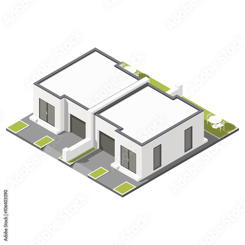One storey connected cottage with flat roof isometric icon set