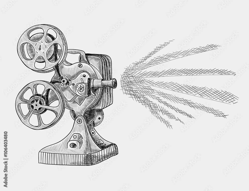 Old movie projector. Black and white sketch illustration Stock Vector