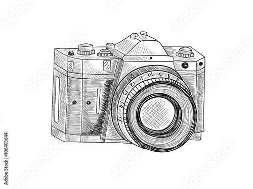 Retro camera. Sketch illustration on white isolated background