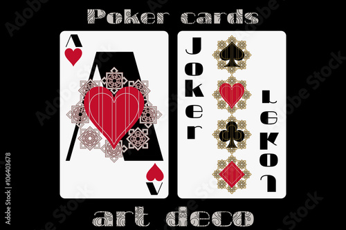 Poker playing card. Ace heart. Joker. Poker cards in the art deco style. Standard size card.