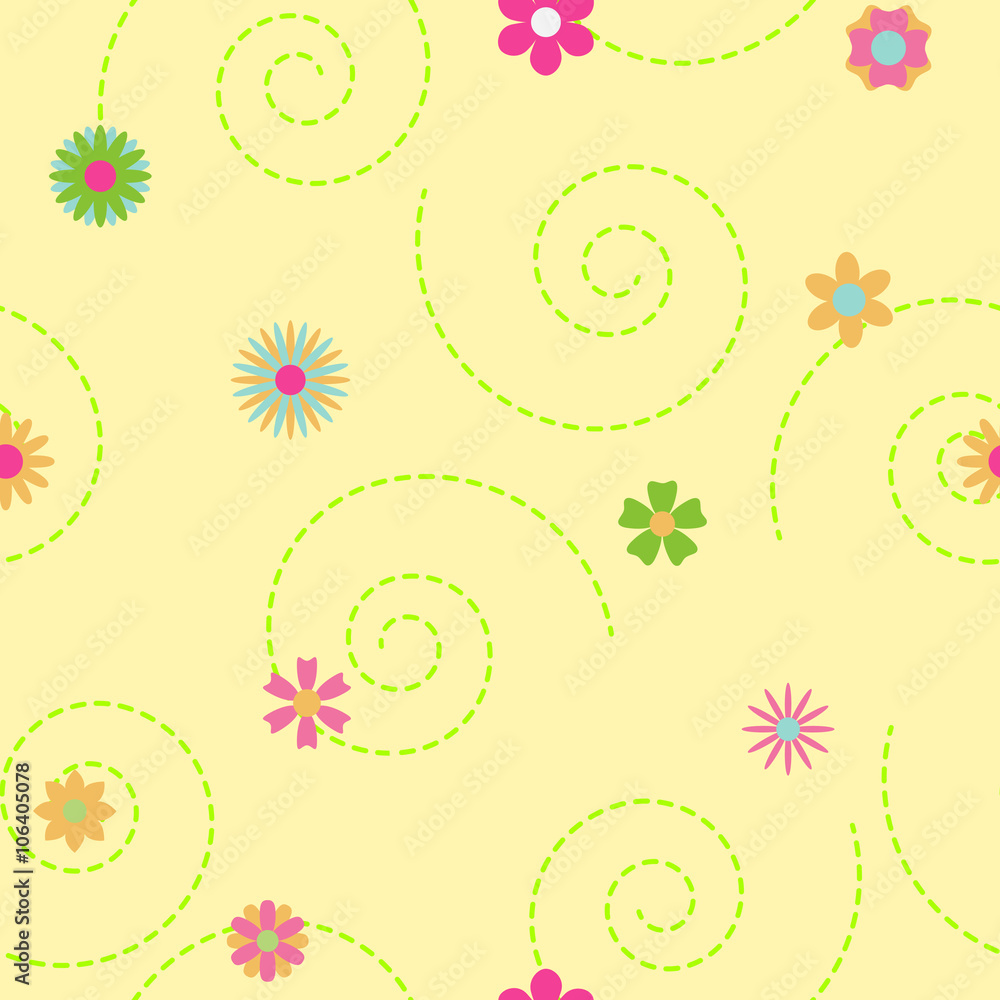 Fototapeta premium Seamless pattern of multicolored flowers and curls