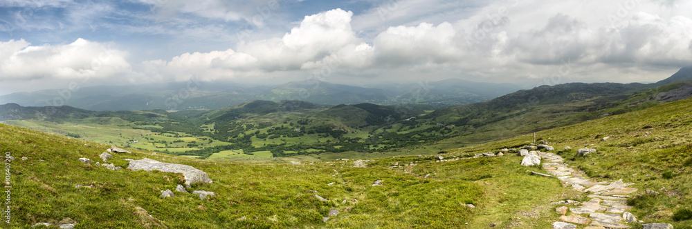 Large panorama landscape of Snowdonia National Park from Cadair