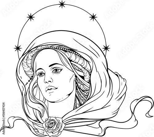 woman wearing shawl and nimb of stars